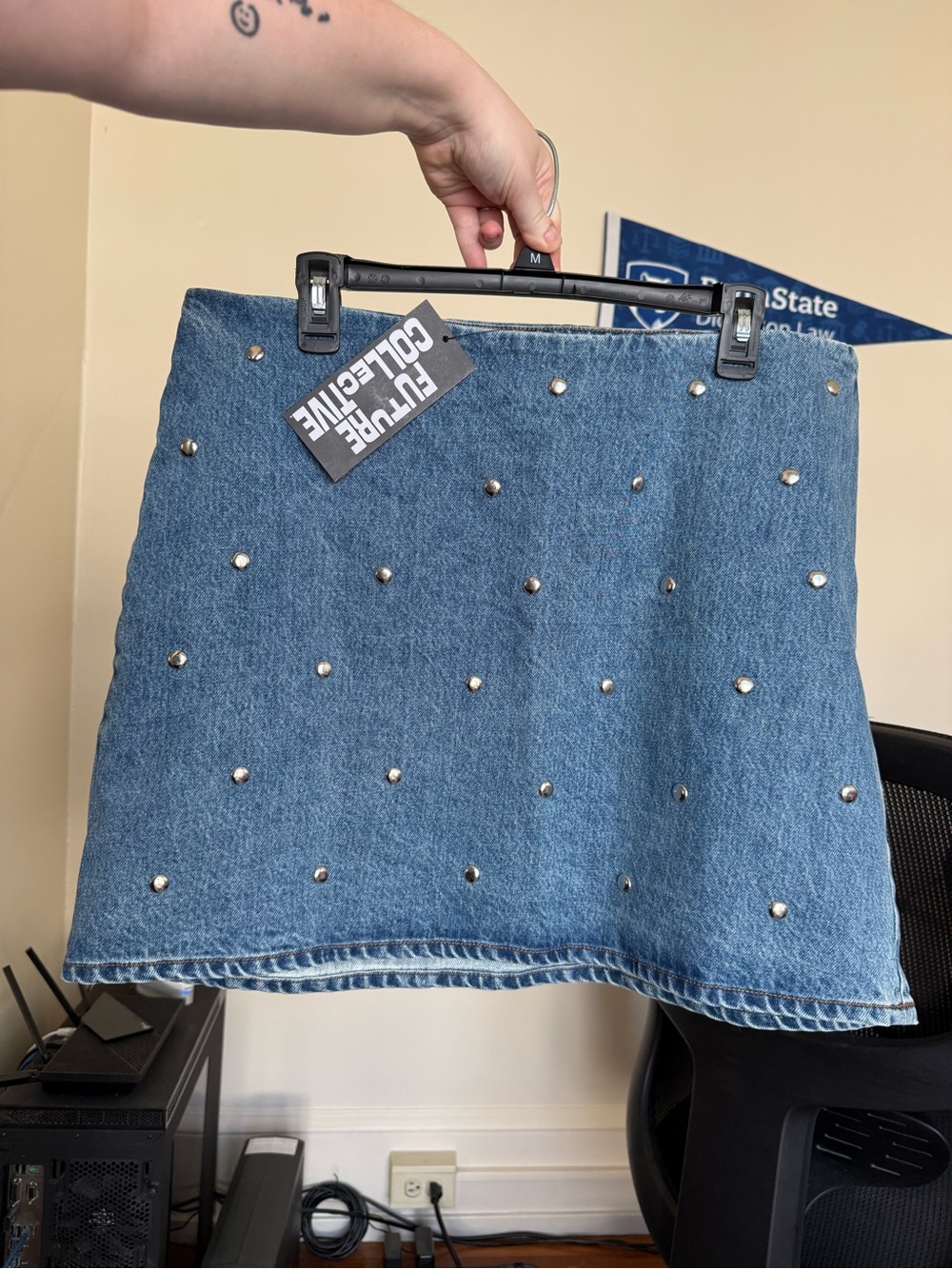 NWT Future Collective lined mini denim skirt with silver studs / size 12
